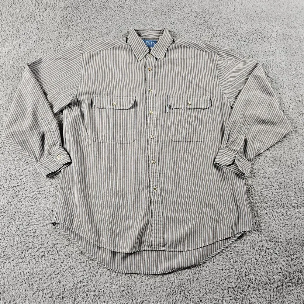 Vintage Levis Shirt Mens Medium Brown Striped Silver Tab Big E Button Up Pockets
